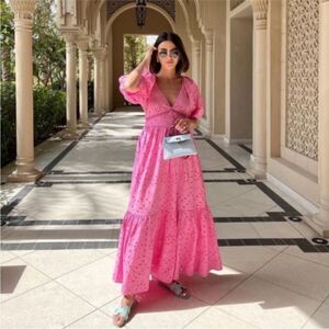Zara Pink Cutwork Embroidery Puff Sleeve Maxi Dress Size XS